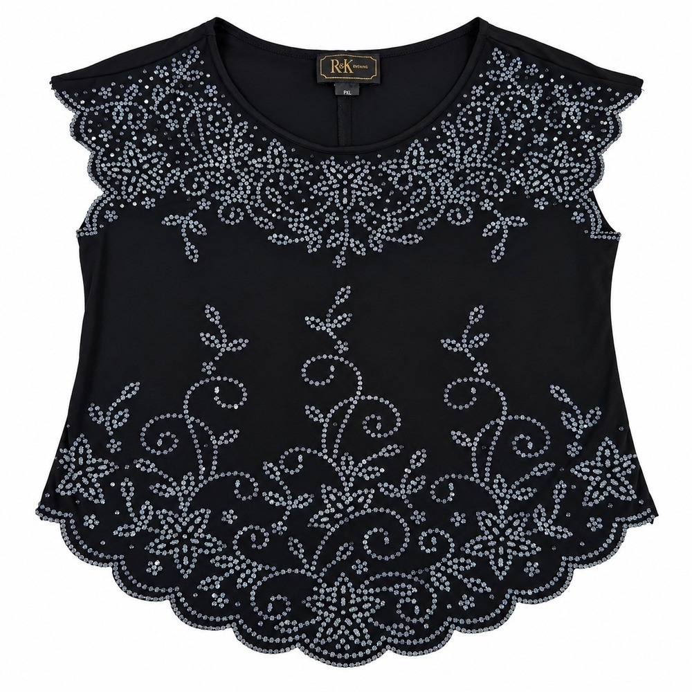 R&K Evening Women's PXL Black Beaded Sequin Scalloped Hem Dressy Top Petite XL